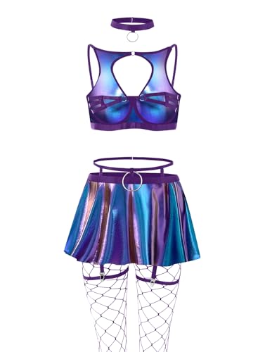 Lilosy Sexy Stocking Chocker Strappy Underwire O Ring Push Up Garter Belt Women Skirt 5 Piece - color: Laser Purple, size: X-Small