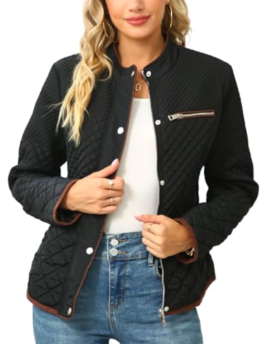 Bellivera Women's Stand Collar Lightweight Quilted Puffer Jacket | Casual Padded Zip Long Sleeve Coat for Spring and Winter with Pockets - color: Black Diamond, size: Large
