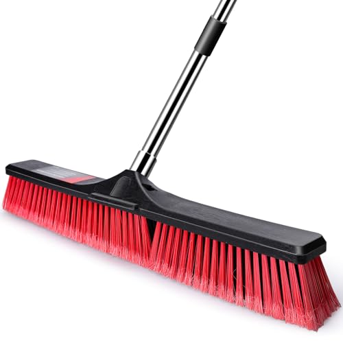 MASTERTOP 24" Push Broom Outdoor, Heavy Duty Garden Brush Broom with 58" Long Handle and Stiff Bristles,Commercial Outdoor Broom for Deck Driveway Garage Yard Patio Warehouse Concrete Floor Cleaning - color: Push Broom Red