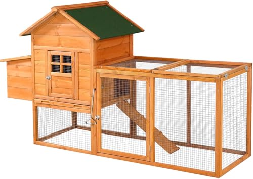 80” Chicken Coop, Waterproof Wooden Hen House for 2-4 Chickens, Outdoor Chicken House with Nesting Box, Removable Tray, PVC Cover, Run, for Garden Backyard Cage - size: 80 inches