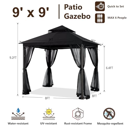 MASTERCANOPY Outdoor Patio Gazebo with Double Roofs, Stable Steel Frame and Mosquito Netting (9x9,Black) - color: Black, size: 9x9