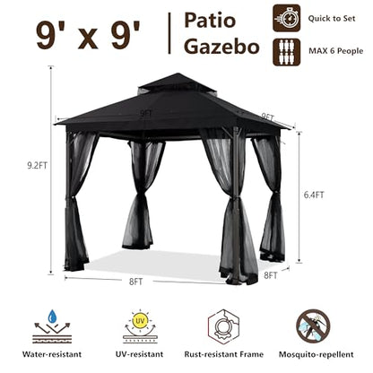 MASTERCANOPY Outdoor Patio Gazebo with Double Roofs, Stable Steel Frame and Mosquito Netting (9x9,Black) - color: Black, size: 9x9
