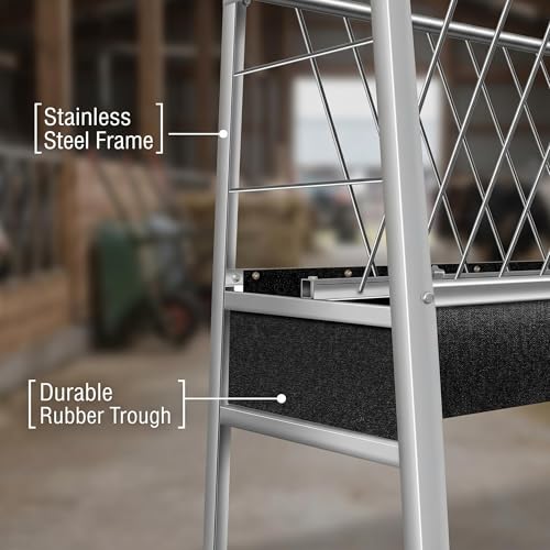 Stainless Steel Goat Feeder, 77 Gallon Anti-Waste Livestock Feeder, 2-in-1 Hay Rack & Rubber Trough, Heavy Duty Elevated Design for Goats, Sheep, Cattle, Use in Barn, Shed, Outdoor Pen