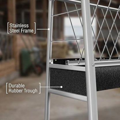 Stainless Steel Goat Feeder, 77 Gallon Anti-Waste Livestock Feeder, 2-in-1 Hay Rack & Rubber Trough, Heavy Duty Elevated Design for Goats, Sheep, Cattle, Use in Barn, Shed, Outdoor Pen