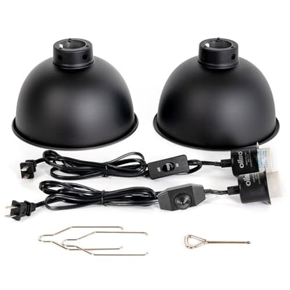 8.5 Inch Reptile Light Fixture with Dimming/Separate Switches, 2 Packs Deep Dome Lamp Cap Reflector Cover, UVB Light Heat Lamp Fixture for Reptile Glass Terrariums, Max 150W Black