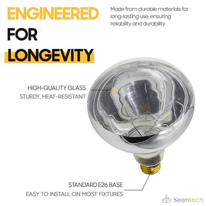 Seentech 250 Watt R40 Clear Heat Lamp Bulb – Infrared Flood Reflector Light, Incandescent Spotlight for Food Warmer, Brooder, Chicken Coop, Pet Heating, Bathroom, Light Therapy – E26 Base (1, Clear) - color: Clear