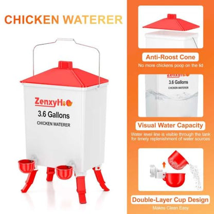 ZenxyHoC Chicken Feeder and Waterer Set with Anti-Roost Cone, 3 Height Adjustable Locking Legs for Backyard Flock