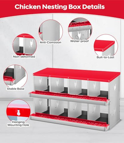 Chicken Nesting Box, 8 Compartment Metal Nesting Box,Wall Mount Chicken Nesting Boxes for Laying Eggs,Easy Egg Collection,8 Room Nest Boxes for Chickens - size: Red 8 Compartment