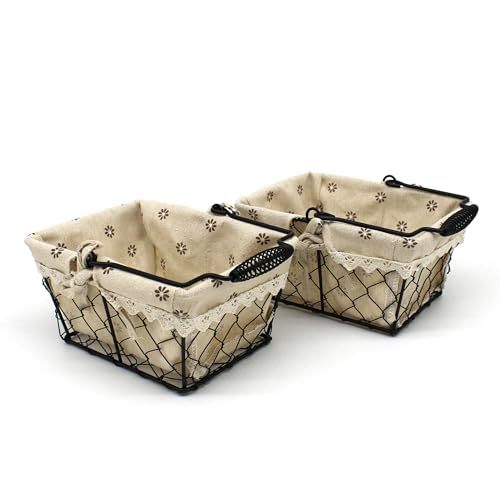 CVHOMEDECO. Primitives Country Chicken Wire Small Gift Baskets Gathering Baskets with Swing Handle and Fabric Liner. Set of 2 (Rectangular)