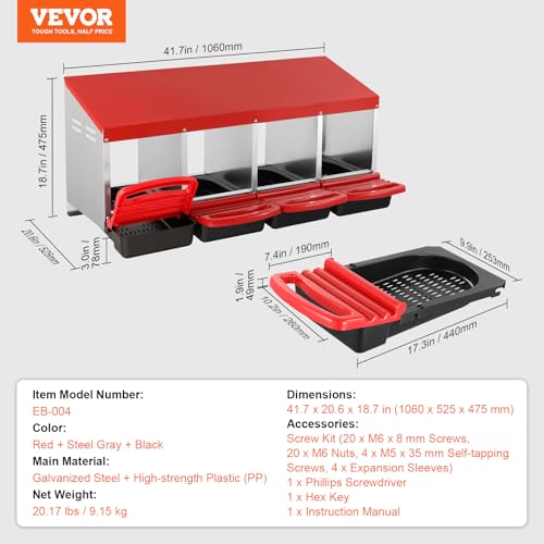 VEVOR Chicken Nest Box, 4-Compartment, 15 to 30 in Stable & Corrosion-Resistant Metal Nesting Boxes with Inclined Nesting Boxes, Bottom Holes & Resting Platform, Fit for Different Chicken Breeds - size: 41.7"L x 20.6"W x 18.7"H