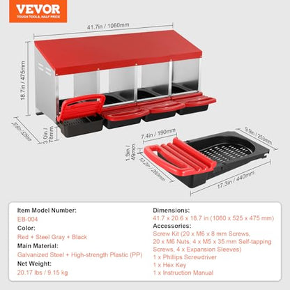 VEVOR Chicken Nest Box, 4-Compartment, 15 to 30 in Stable & Corrosion-Resistant Metal Nesting Boxes with Inclined Nesting Boxes, Bottom Holes & Resting Platform, Fit for Different Chicken Breeds - size: 41.7"L x 20.6"W x 18.7"H