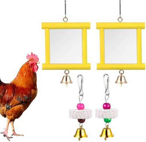 Chicken Toy Mirror - Hanging Swing Mirror with Bell & Molar Grinding Stones - Chicken Toys for Hens, Roosters & Parrots - Coop Accessories for Pecking & Beak Care (Yellow-2 PCS) - color: Yellow-2 PCS