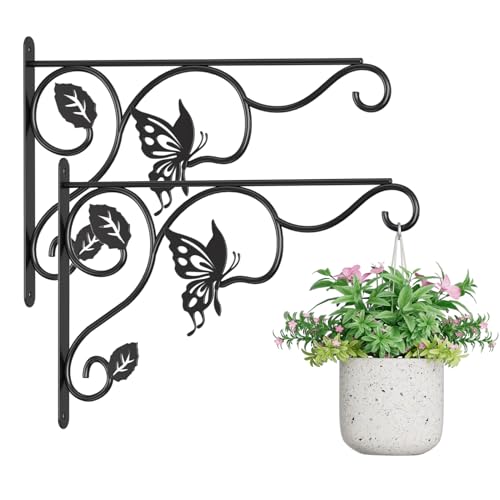 2 Pack Heavy Duty Plant Hooks for Hanging - 12 Inch Metal Wall Hangers Indoor/Outdoor, Sturdy Plant Bracket for Bird Feeders, Planters, Lanterns, Wind Chimes - Patio, Garden, Home Decor (Black) - style: 2-Pack Butterfly