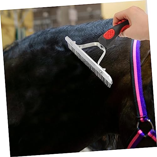 Ergonomic Rubber Handle Horse Grooming Comb Rake with Durable Metal Teeth for Shedding Mud Removal Massage Non Slip Grip Cleaning Brush for Horse Hair Care and Circulation