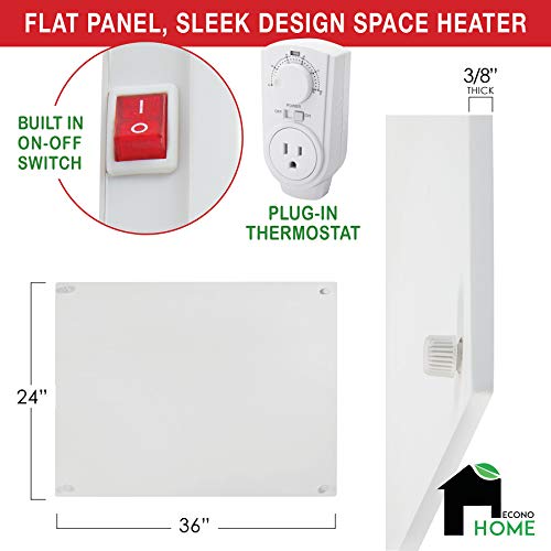 EconoHome Wall Mount Space Heater Panel - with Thermostat - 600 Watt Convection Heater - Ideal for 200 Sq Ft Room - 120V Electric Heater - color: White