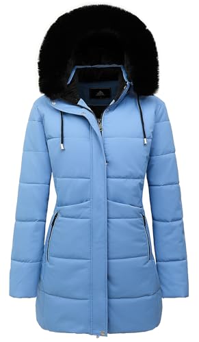 MOERDENG Women's Winter Puffer Coat Thicken Fleece Lined Down Jacket Waterproof Faux Fur Detachable Hooded Parka - color: Denim Blue, size: Small