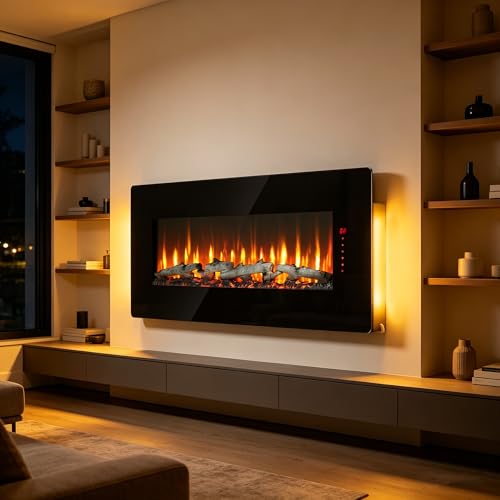 48" Curved Glass Electric Fireplace, Wall Fireplace Electric with Remote Control, 4 Adjustable Flame Colors, Wall Mounted/Freestanding, 1400W Fireplace Heater, Backlight, 3 Media Bed, Timer - size: 48 Inch Standard