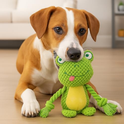 Cotton Rope Squeaky Dog Toy with Crinkle Paper – Interactive Plush Chew Toy for Small & Medium Puppies, Frog Design - color: Green