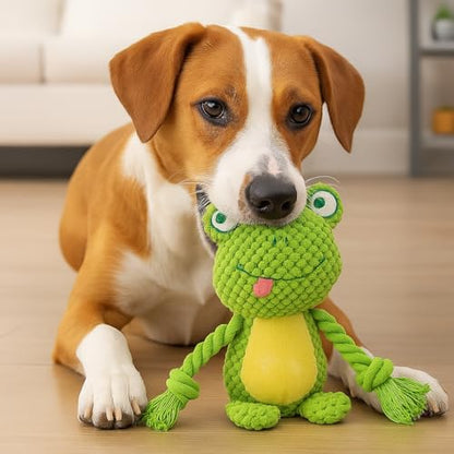 Cotton Rope Squeaky Dog Toy with Crinkle Paper – Interactive Plush Chew Toy for Small & Medium Puppies, Frog Design - color: Green