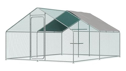 Chicken Coop Large Metal Chicken Run, Outdoor Walk-in Poultry Spire Roof Cage with Chicken Perch for Hen House, Duck Coop and Rabbit Run, Silver (9' L x 13.1' W x 6.56' H) - size: 157.5"L x 118.1"W x 78.7"H