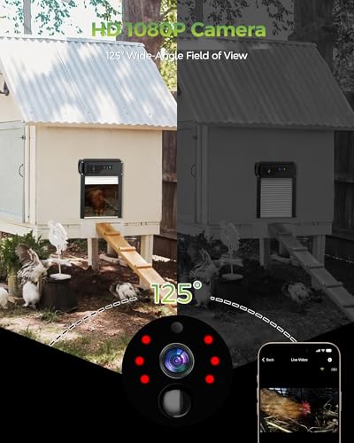 WiFi Automatic Chicken Coop Door, 13" x 9" with App & Remote Control, 1080P HD Camera, 5000mAh Battery, Timer, Anti-Pinch Protection & Security Alarm, Solar Powered or USB Charging