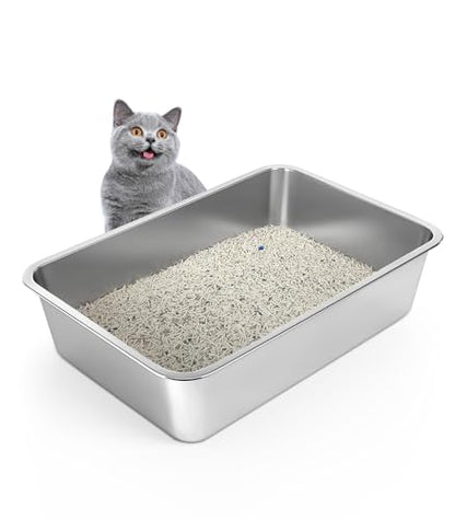 WENBOKMIN Stainless Steel Cat Litter Box, 6in Cat Litter Pan for Large Cats and Rabbits, Extra Large Metal Litter Box High Sides Odor Control Anti-Corrosion Nonstick - size: 24" L x 16" W x 6" H