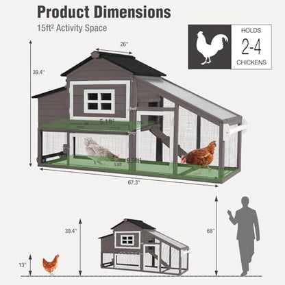Chicken Coop with Wheels, Mobile Outdoor Chicken House with Leakproof Pull-on Tray, Nesting Box, Waterproof Roof - Brown - color: Brown