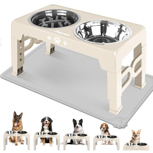 Jovrun Elevated Dog Bowls for Medium Large Dogs with Mat, Non-Slip Dog Feeder with 1*Stainless Steel Dishes & 1*Slow Feeder Bowl, 5 Heights Adjustable Raised Bowls for 3.15″-8.66″-9.84″-11.02″-12.2″ - color: Beige, size: for Medium Large Dogs 1 Basic&1Slo
