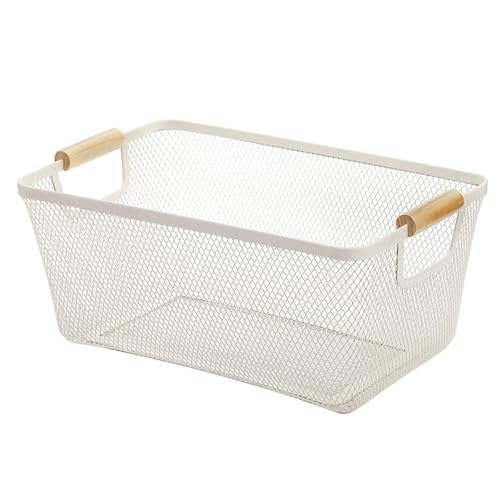 AJIODA Metal Mesh Steel Basket, Large Wire Storage Organizer Basket Multi-function Hanging Kitchen Baskets with Wood Handle for Kitchen Bathroom Picnic Home, Rectangle-Off White - color: Off-White, size: 1Pack-Large
