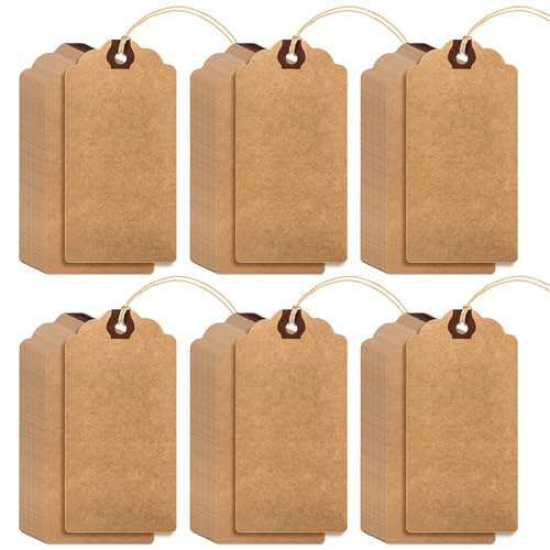 Outus 60 Pcs 4 3/4-in x 2 3/8-in Blank Large Paper Gift Tags with String and Reinforced Eyelet Wire Writable Price Tags Shipping Labels Inventory Labels(Brown) - color: Brown