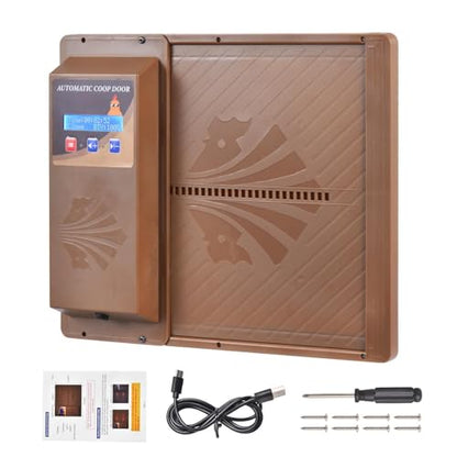 Large Automatic Chicken Coop Door, Side Opening Poultry Entry with Timer Control, Anti-Pinch Safety, Battery or USB Power, LCD Screen, Quick Install for Backyard Chicken House - color: Coffee