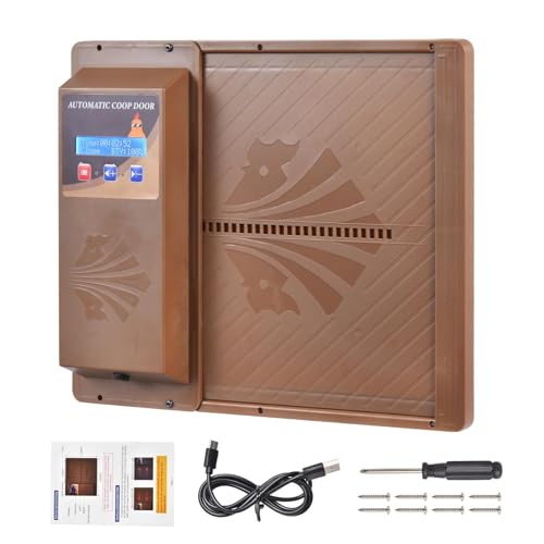 Automatic Chicken Coop Door Opener, Large Side Opening Design with Timer, Anti-Pinch Sensor, USB Or Battery Powered, LCD Screen, Easy Install for Backyard Chicken Coop - color: Coffee