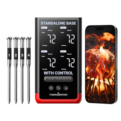 ThermoMaven Smart Bluetooth Wireless Meat Thermometer: Standalone Base, WiFi Unlimited Range, 6 Sensors with NIST Certified Accuracy, 4 Probes for Kitchen, BBQ, Grill, Oven, Smoker, Rotisserie - color: Red-4 Probes