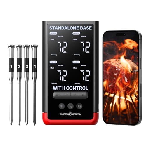 ThermoMaven Smart Bluetooth Wireless Meat Thermometer: Standalone Base, WiFi Unlimited Range, 6 Sensors with NIST Certified Accuracy, 4 Probes for Kitchen, BBQ, Grill, Oven, Smoker, Rotisserie - color: Red-4 Probes