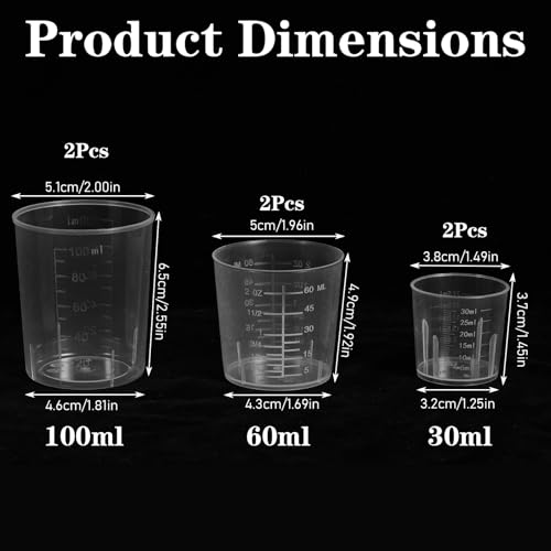 6 Pack Plastic Graduated Cup Set 30ml /60ml(2 oz)/100ml Clear Liquid Measuring Cups Plastic Graduated Beakers for Kitchen Dual Scale Baking Lab Measure Accurate