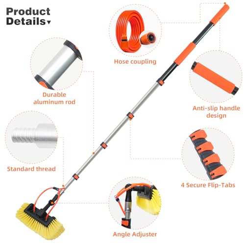 12FT Car Wash Brush with Long Handle, Car Cleaning Brush with 12"Soft Bristle and Hard Bristle, 3-12FT Telescopic Pole with Hose Attachment for Scratch-Free Cleaning Truck,RV,Boat,Siding,Solar Panels - color: 12ft-orange-2