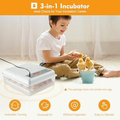 64 PCS Eggs Incubator, 3-in-1 Automatic Egg Incubator for Hatching Eggs with Digital Control, White Automatic Egg Turner with 360° Auto Turning & Uniform Heating for Home & Farm Use - size: 64 PCS