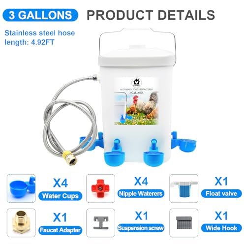 Automatic Chicken Waterer Float Controlled, 3 Gallons Poultry Waterer Dispenser with Hose Attachment, Poultry Automatic Drinking Accessories for Chicks, Duck, Goose, Turkey