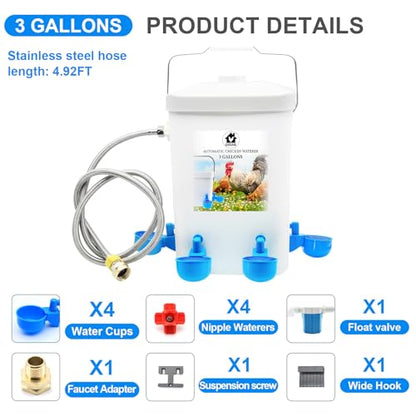 Automatic Chicken Waterer Float Controlled, 3 Gallons Poultry Waterer Dispenser with Hose Attachment, Poultry Automatic Drinking Accessories for Chicks, Duck, Goose, Turkey