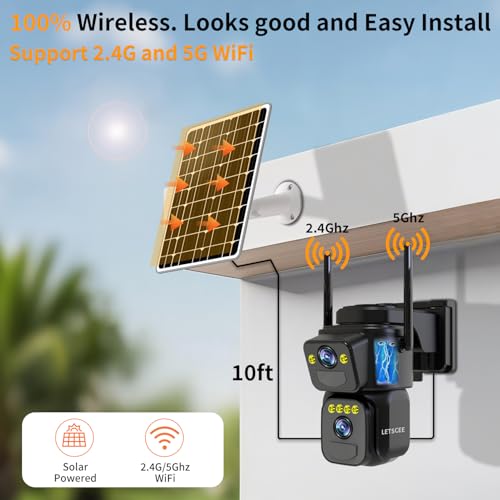 LETSCEE Dual Lens Security Cameras Wireless Outdoor，Solar Cameras for Home Security，Motion Detection,Night Vision,No Month Fee,IP65 Water Proof - color: 4 PACK