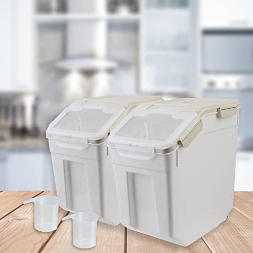 4 Pack Grain Food Storage Container, 20LB Airtight Rice Bin Storage Bucket with Spoon and Measuring Cup, Large Flour Dispenser Container Set 80LB Total Capacity, Grey - color: 30lbs,4Pcs,Gray