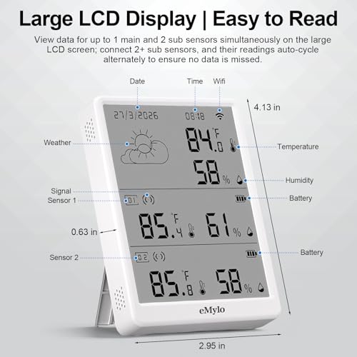 eMylo WiFi Thermometer Hygrometer with 4 Outdoor Sensors, Smart Indoor Temperature Humidity Monitor 328Ft Range, IP65 Waterproof, App Alerts, Alexa Compatible, for Home Greenhouse Basement Wine Cellar