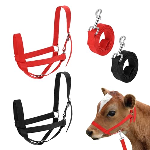 M METERXITY 2-Pack Adjustable Cattle Cow Calf Halter, 16.54"-20.47" Nylon Livestock Cow Halter with Leading Rope for Miniature Horse/Donkey/Goat/Cattle [Red, Black] - color: Red, Black, size: 16.54"-20.47"