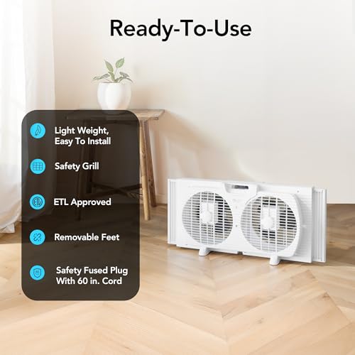 Comfort Zone 9-Inch 3-Speed Reversible Twin Window Fan – Dual Blade Window Exhaust Fan with Auto-Locking Expanders, 22.25" to 33" Wide – Tabletop Feet & Removable Bug Screen included - color: White, size: 9 inch (3-Speed)