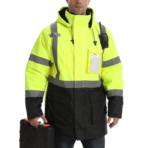 Reflective Jacket, High Visibility Parka, Waterproof Hi Vis, Safety Jacket with Removable Hood and Zipper, ANSI Class 3 (Lime,Medium) - color: Lime-parka, size: Medium