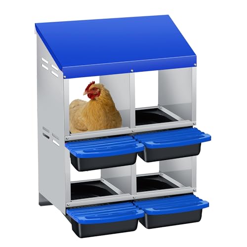 GarveeLife Chicken Nesting Box 4 Hole, Galvanized Steel Nest with Roll Away Egg Collection & Swing Perch, Easy-Clean Laying Box for Hens, Heavy Duty Design for Chicken Coop - color: Blue, size: 4 holes 2 layers