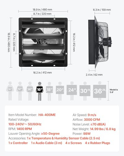 VEVOR 16 inch Exhaust Fan, Wall Mounted Attic Fan with Variable Speed, Temperature & Humidity Controller, 3000 CFM, Automatic Shutter - size: 16 Inch