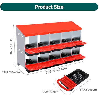 Chicken Nesting Box, 10 Compartment Roll Away Nesting Box for Eggs, Chicken Laying Box with Egg Collection, Cleanable Pull Out Hen Roosting Boxes ﻿ - color: Red, size: 47.2"L x 17.7"W x 35.4"H