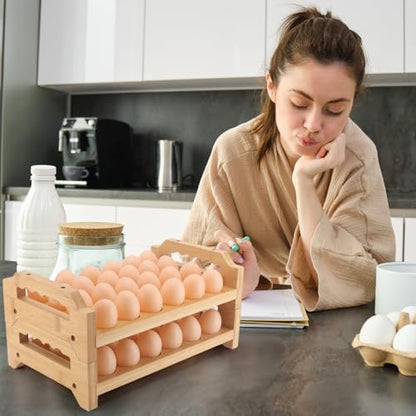Egg Holder, 2 Tier Egg Holder Countertop, Bamboo Egg Organizer and Storage for Gathering 48 Fresh Eggs, Egg Stackable Stand Rack, Egg Basket for Kitchen Farmhouse