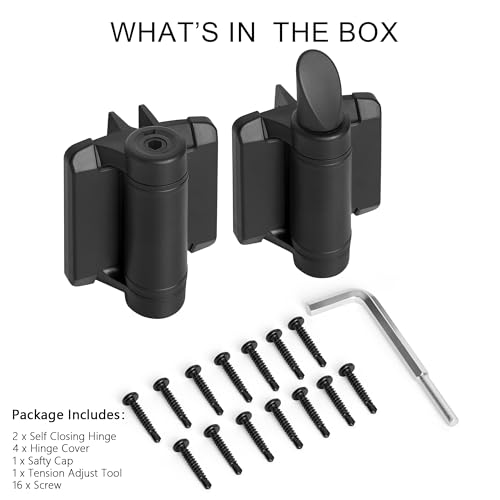 Self Closing Gate Hinges, Heavy Duty Self-Aligning Spring Nylon Hinges, Adjustable Tension with Safety Cap Fence Hinges Kit for Outdoor Metal/Vinyl/Wooden Gate, 1 Pair Black